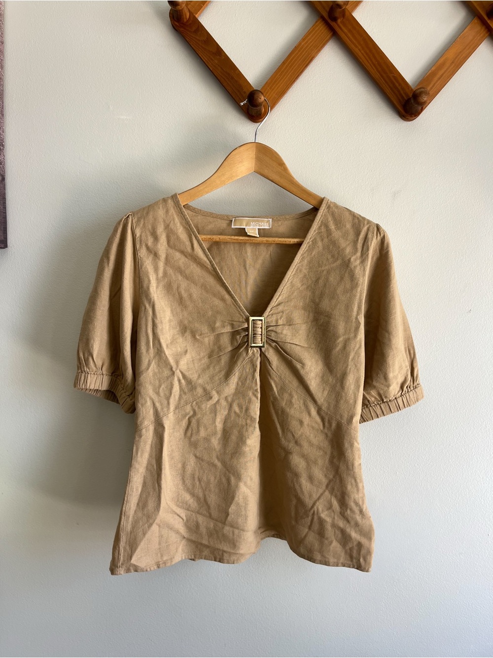 Michael Kors Tan V-Neck Short Sleeve Top with Center Buckle